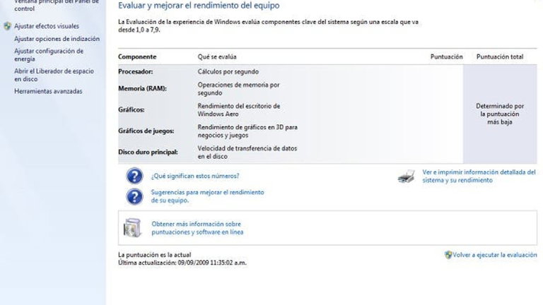Realiza la evaluación del sistema de Windows 7, en Windows 10