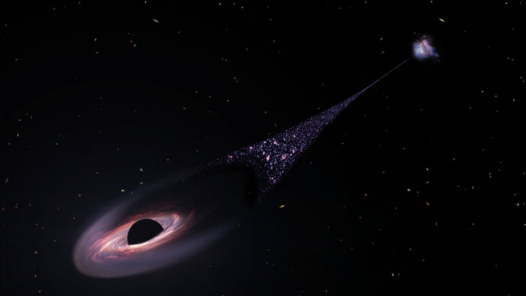 Conoce al agujero negro que ha abandonado su galaxia y está creando estrellas en su camino