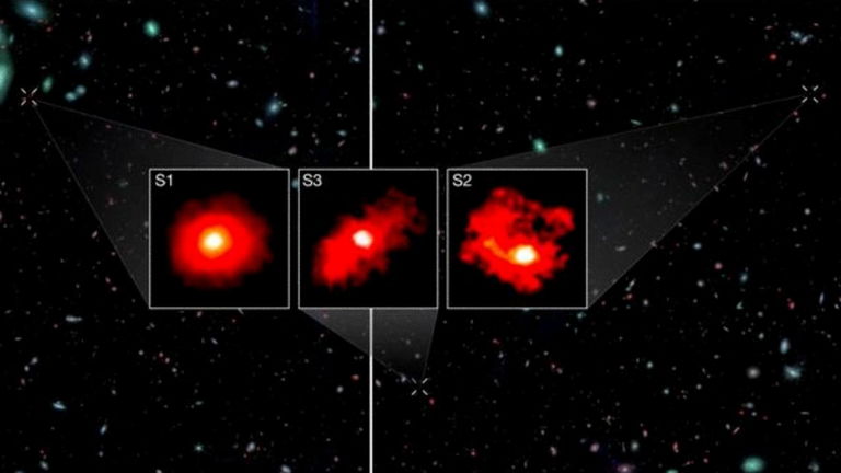 Tres galaxias monstruosas rojas han sido captadas por el telescopio espacial James Webb y podrían reescribir la historia primigenia del universo