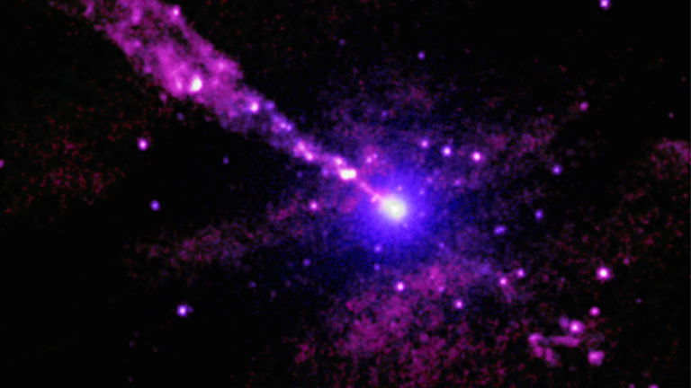Así se ve una enorme colisión espacial entre un objeto cósmico y un chorro de energía. Tiene el tamaño de una galaxia